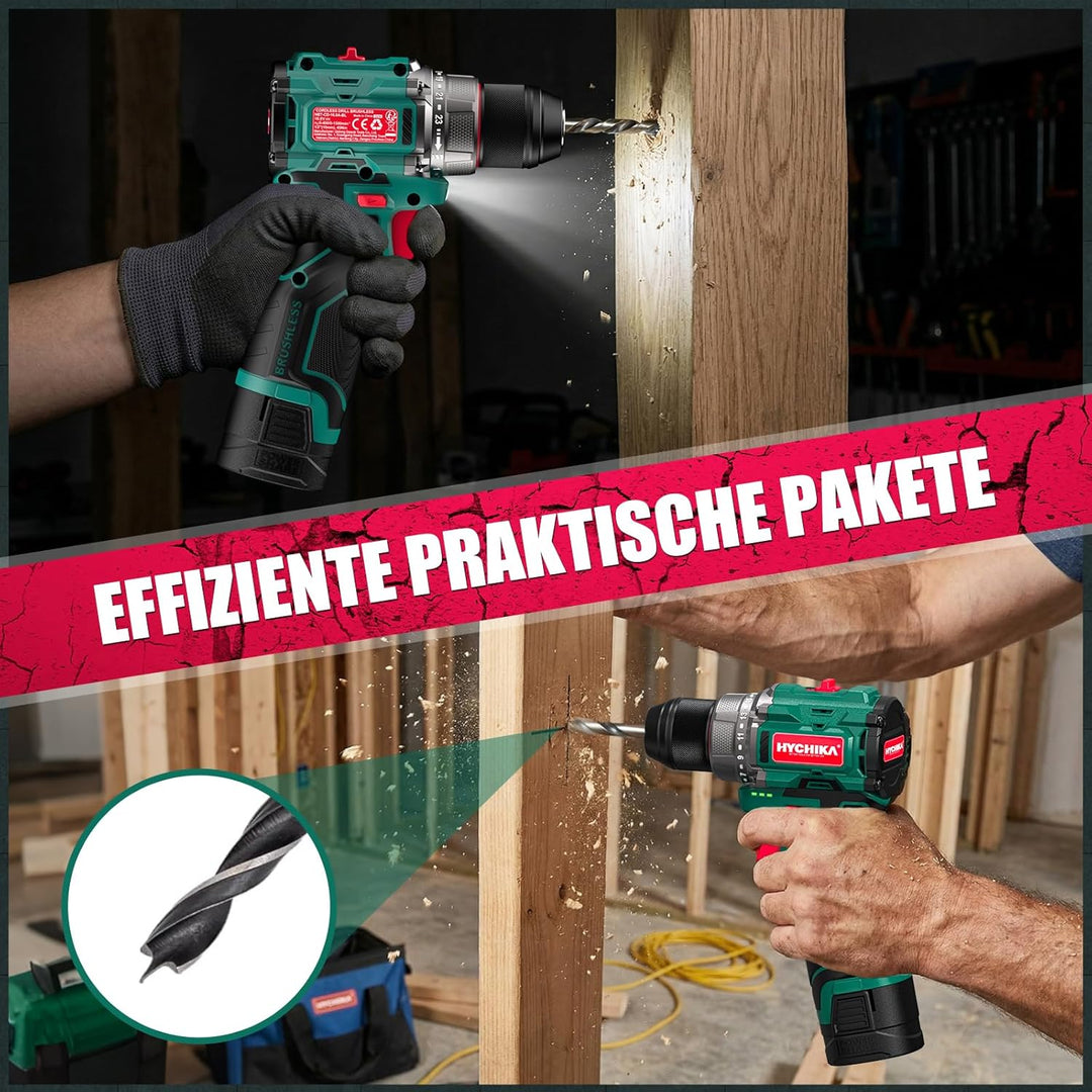 HYCHIKA 16.8V Akkuschrauber & Bohrmaschine Set, Bürstenloser Motor, 45Nm Max, 23+1 Drehmoment, 53-te