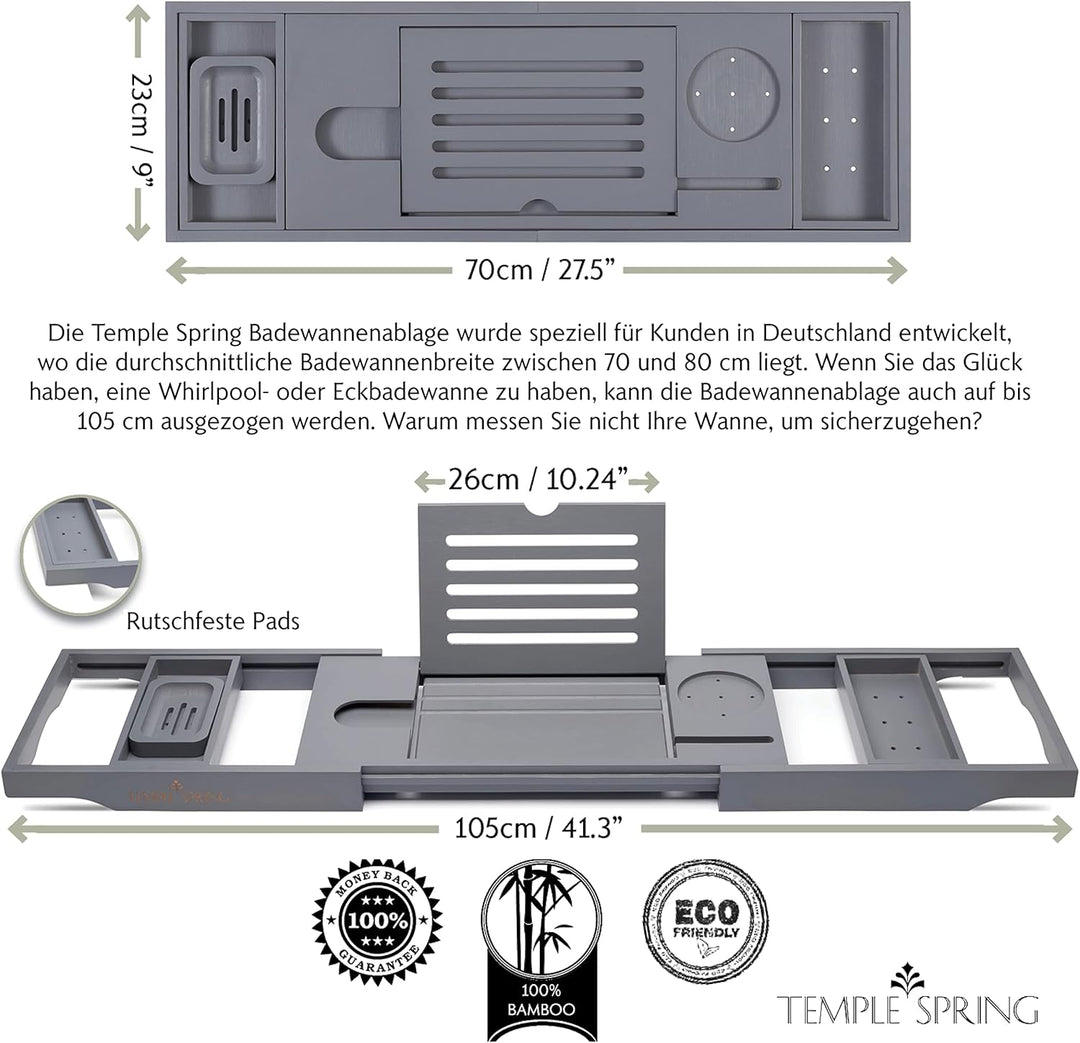TEMPLE SPRING - Badewannenablage Bambus mit Kerzen-, Weinglas-, Buch-, Tablet-, iPad- und Telefonhal