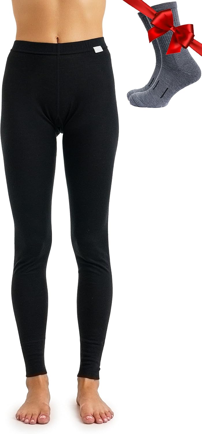 Merinowolle Thermounterwäsche Damen - Merino Unterhose Damen Merino Leggings + Wollsocken 165 Black