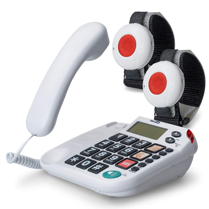 Maxcom KXTSOS: Seniorentelefon mit Funk-Notruf-Sender, schnurgebundenes Festnetztelefon mit Zwei Arm