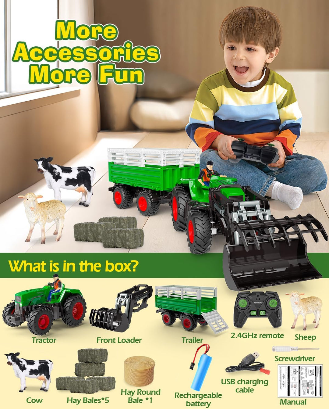 PENGBU RC Ferngesteuerter Traktor mit Anhänger, 2.4 GHz Traktor Ferngesteuert Spielzeug, Kindertrakt