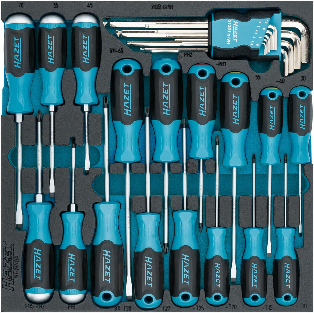 HAZET Schraubendreher Satz 163-297/26N, 26-teilig, 1,5–10 mm, PH1–PH2, T10–T30, Schlitz, Kreuzschlit