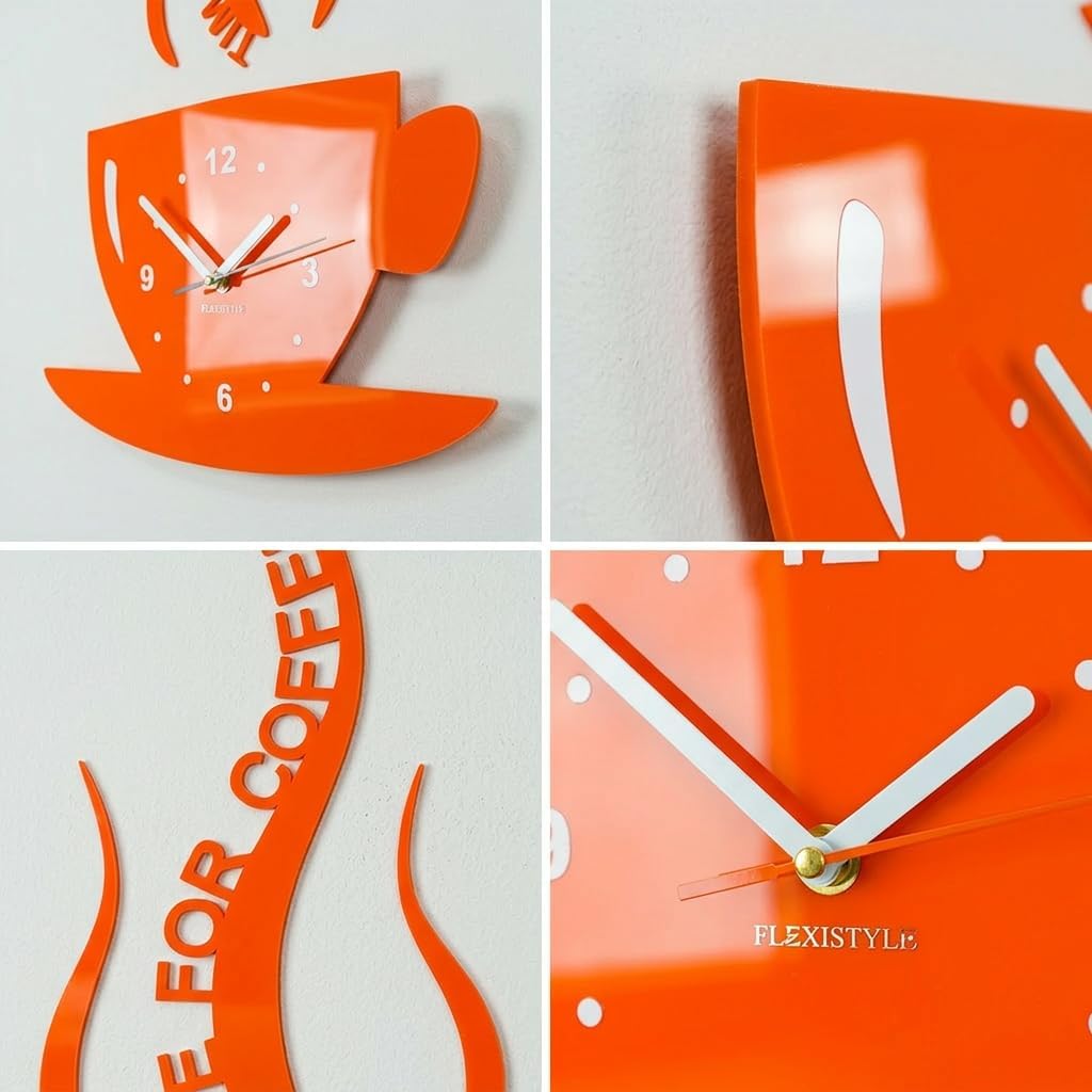 FLEXISTYLE Tasse Time for Coffee Moderne Küche (Zeit für Kaffee) Wanduhr, orange, 3D römisch, wanduh