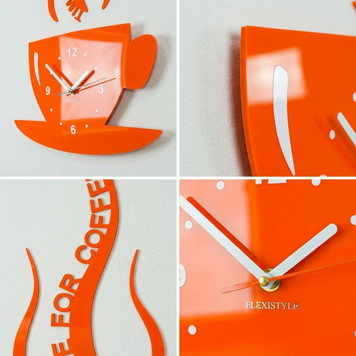 FLEXISTYLE Tasse Time for Coffee Moderne Küche (Zeit für Kaffee) Wanduhr, orange, 3D römisch, wanduh