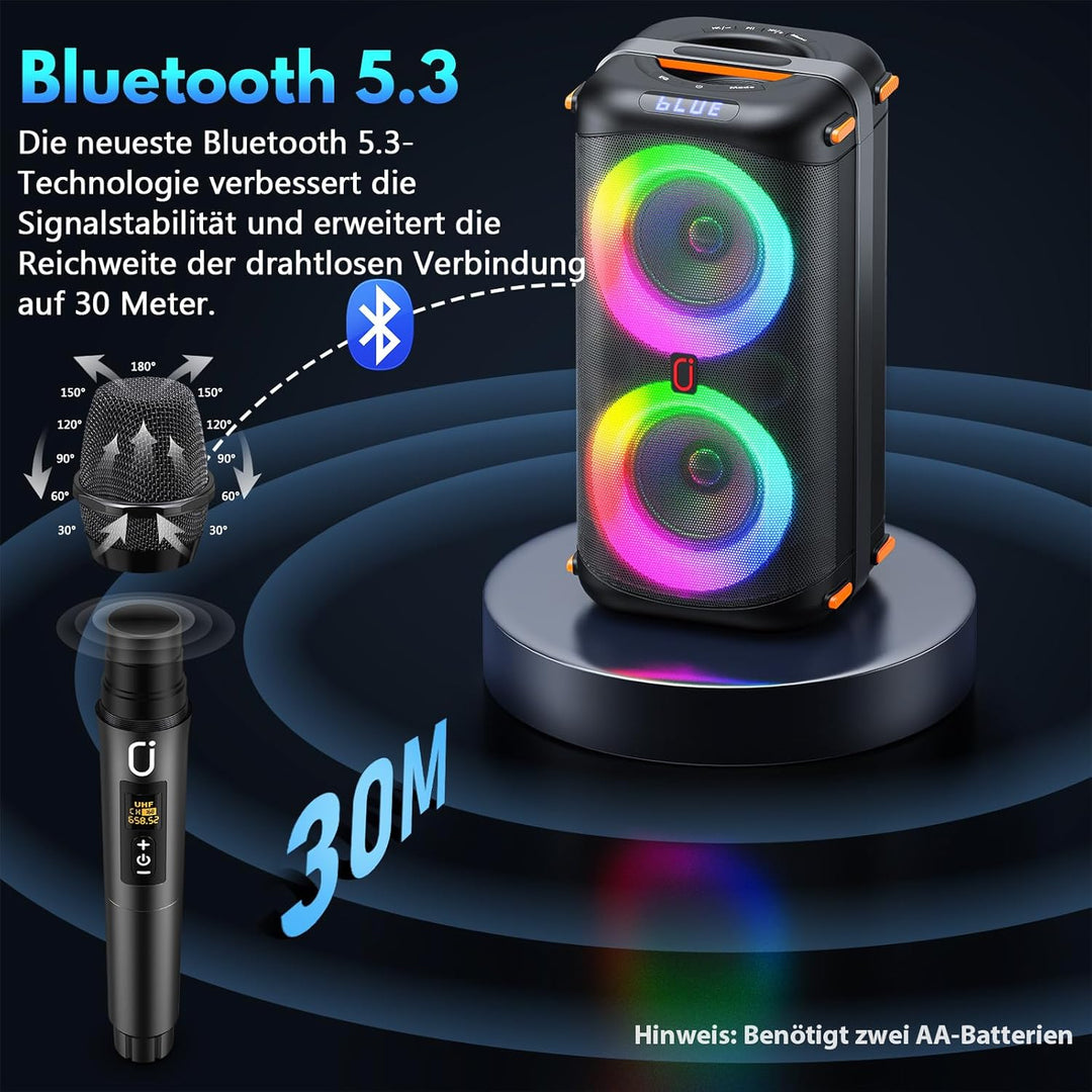 Karaoke Maschine, Tragbarer Bluetooth-Lautsprecher mit 2 drahtlosen Mikrofonen für Erwachsene, Karao