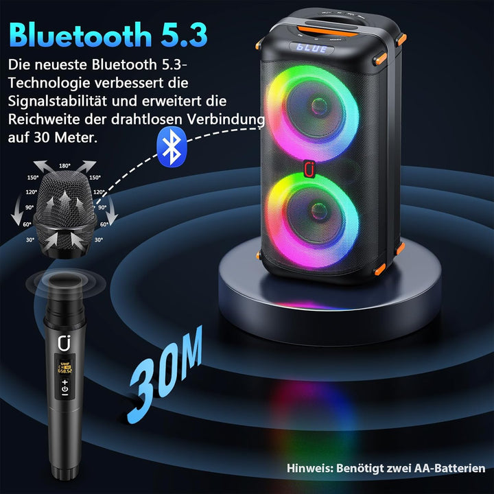 Karaoke Maschine, Tragbarer Bluetooth-Lautsprecher mit 2 drahtlosen Mikrofonen für Erwachsene, Karao