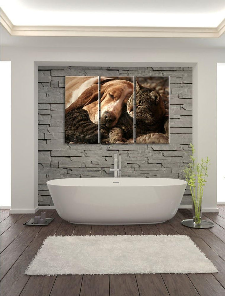Pixxprint Katze und Hund kuschelnd als Leinwandbild/Grösse: 3 Teilig (120x80) / Wandbild/Kunstdruck/