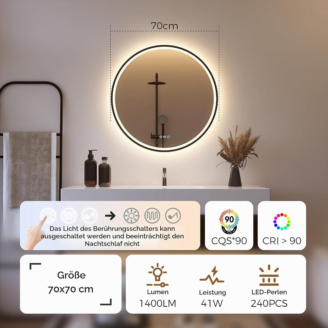 STARLEAD Badspiegel-Rund-mit-Beleuchtung 70cm Diameter, LED-Spiegel-Rund mit Bluetooth, Dimmbar, 3 L