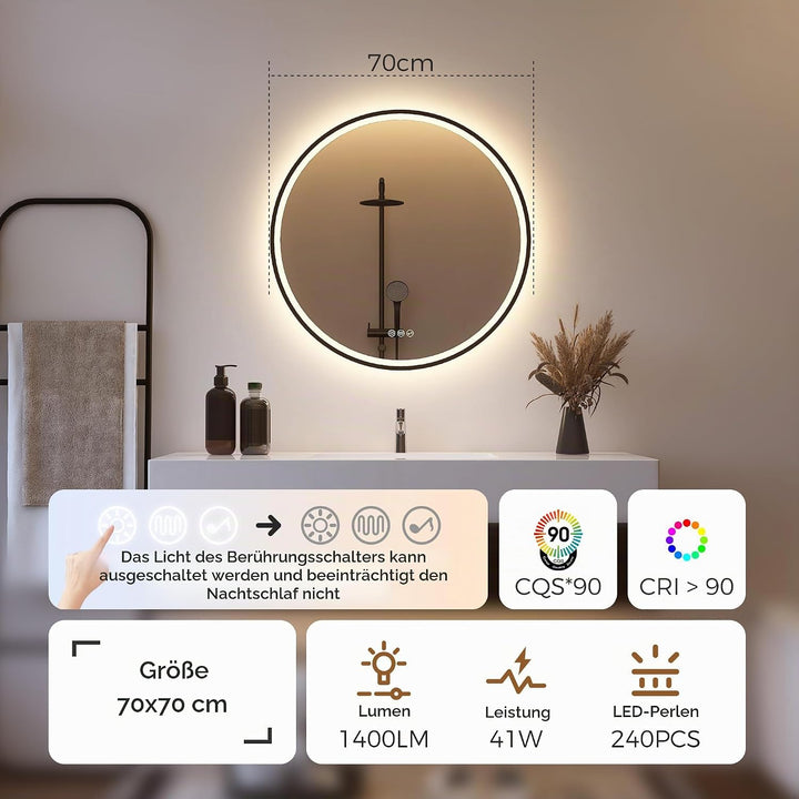 STARLEAD Badspiegel-Rund-mit-Beleuchtung 70cm Diameter, LED-Spiegel-Rund mit Bluetooth, Dimmbar, 3 L