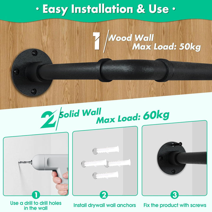 Kleiderstange für die Wand, 119cm Industrierohr Kleiderstangen,Kleiderständer Wandmontage, Industria