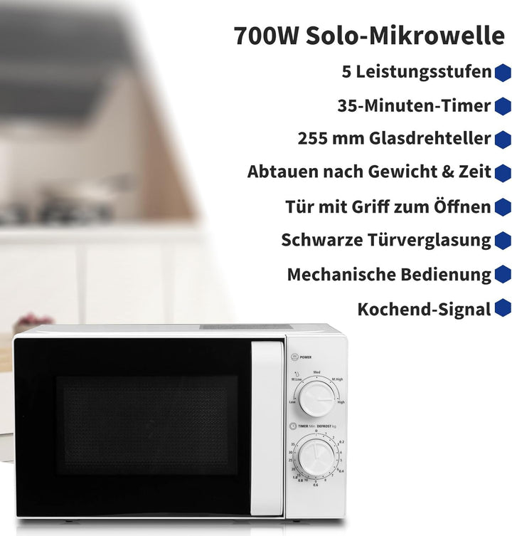 Smad Solo-Mikrowelle 20L, 700W, Mikrowelle Klein, 5 Leistungsstufen, Auftaufunktion nach Zeit/Gewich