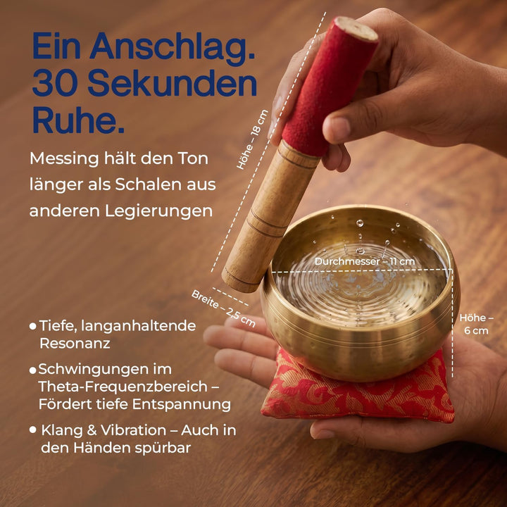 Tibetische Klangschale 13 cm | Meditations- & Yoga-Set mit Klöppel, Kissen & Geschenkbox | Entspanne