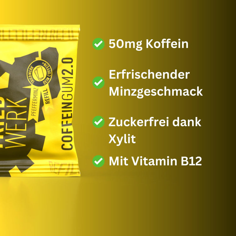 TRIEBWERK Koffein Kaugummi, 50mg Koffein pro Gum, Pfefferminz-Geschmack, 180 Stück, Vitamin B12 (18x