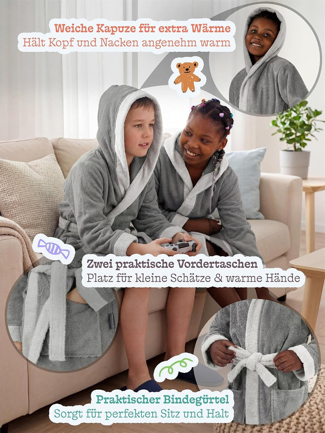 normani Kinder-Bademantel mit Kapuze aus 100% Bio-Baumwolle - für Jungen und Mädchen 98-104 Grau, 98