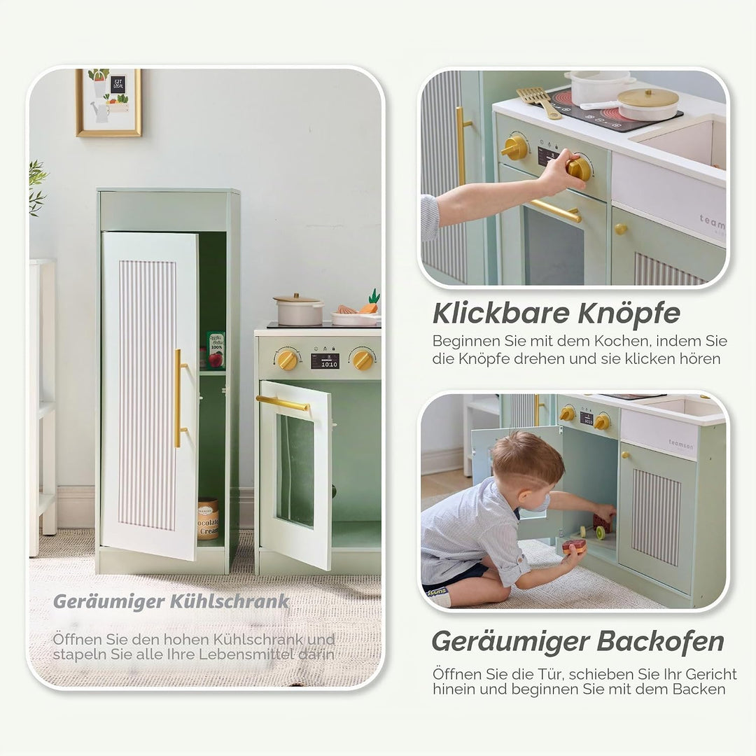 Teamson Kids Little Chef Chester Kinderküche in Grün mit Zubehör, Spielküche für Kinder aus Holz mit