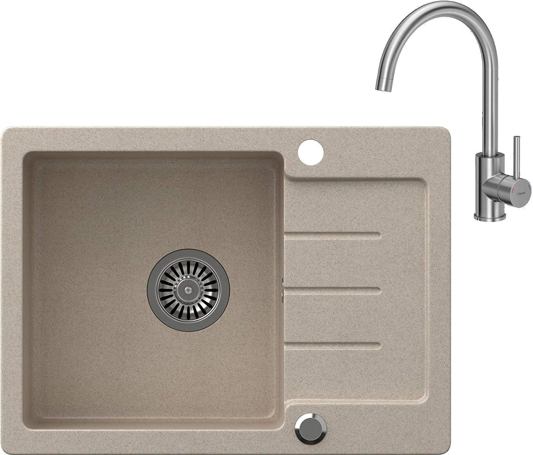 VBChome Spülbecken Beige Granit 60 x 44 cm Einzelbecken Einbauspüle gesprenkelt reversibel Verbundsp