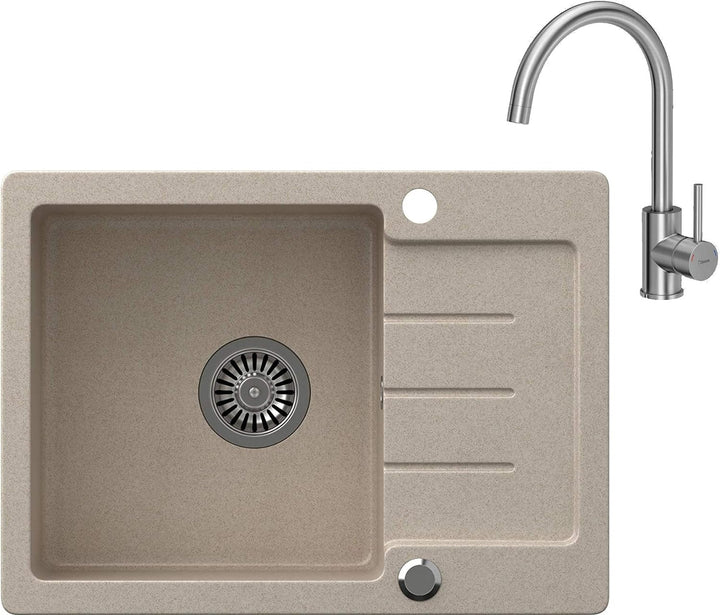 VBChome Spülbecken Beige Granit 60 x 44 cm Einzelbecken Einbauspüle gesprenkelt reversibel Verbundsp