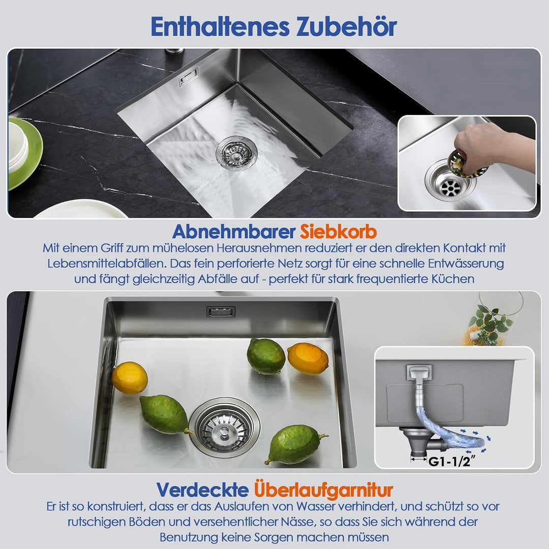 ROVOGO 40 x 55 cm Unterbau Spülbecken Küche, Unterbauspüle aus Edelstahl 304, Küche Spüle mit Siebko