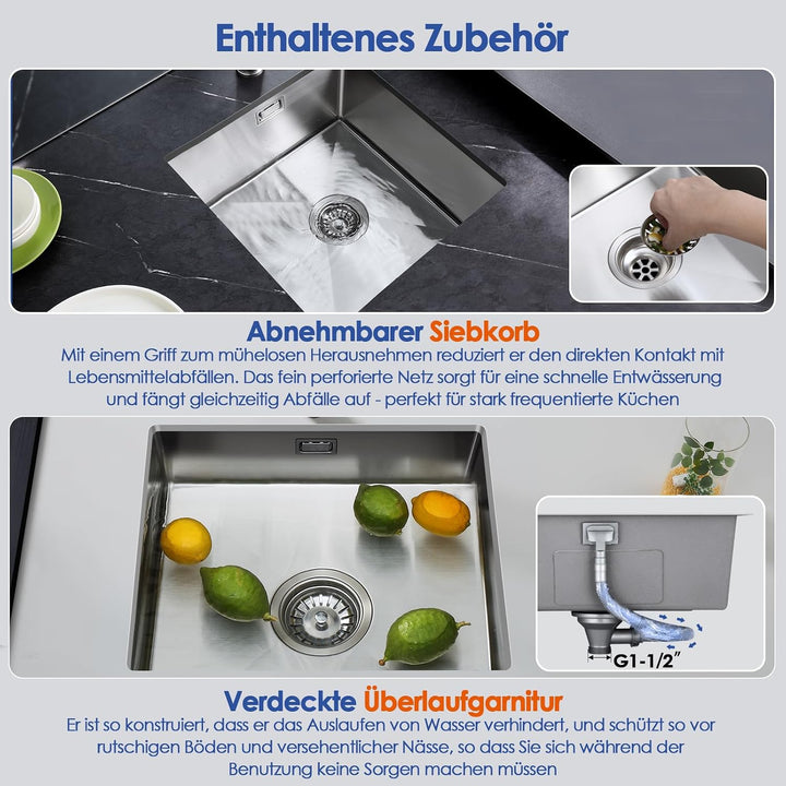 ROVOGO 40 x 55 cm Unterbau Spülbecken Küche, Unterbauspüle aus Edelstahl 304, Küche Spüle mit Siebko