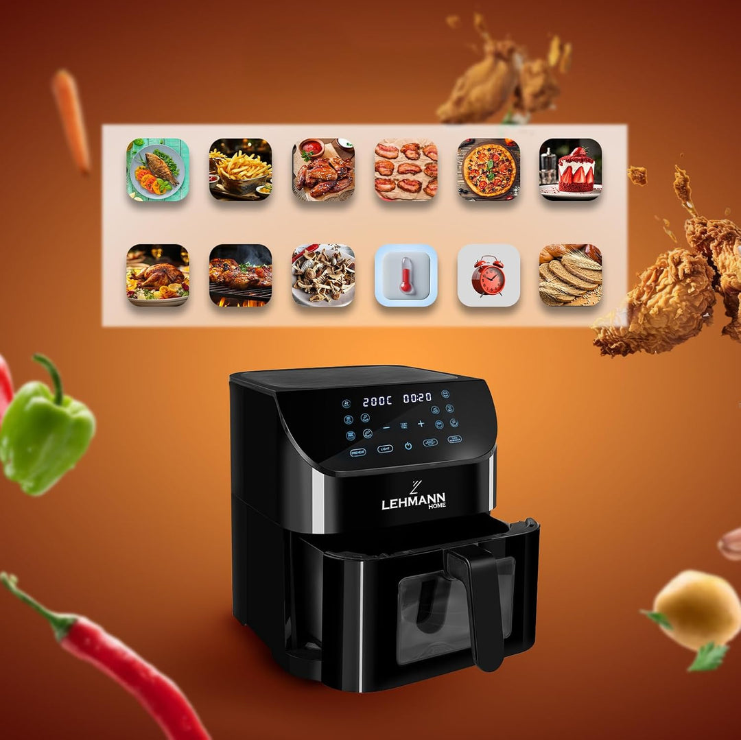 LEHMANN Heissluftfritteuse 8L, Airfryer mit Sichtfenster, Trenneinsatz für 2 Kammern, 12 Programmen,