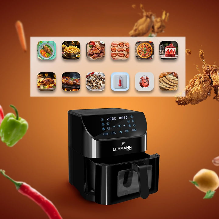 LEHMANN Heissluftfritteuse 8L, Airfryer mit Sichtfenster, Trenneinsatz für 2 Kammern, 12 Programmen,