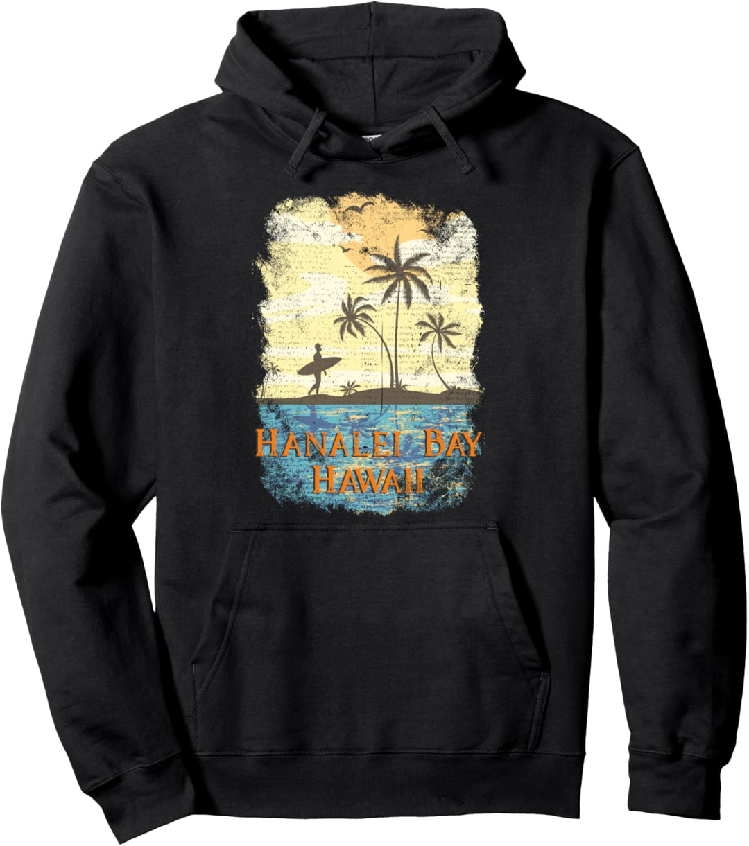 Hanalei Bay Hawaii Vintage Tropical Sunset Beach Surfing Pullover Hoodie