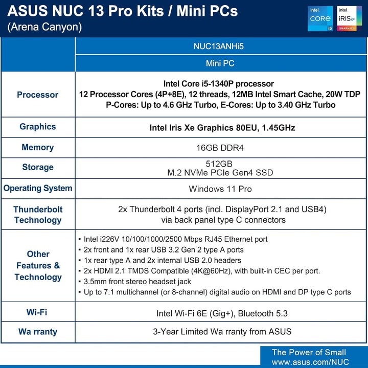 Intel NUC 13 Pro NUC13ANHi5 Arena Canyon Mini PC, Core i5-1340P, 16GB RAM, 512GB SSD, Mini Computer