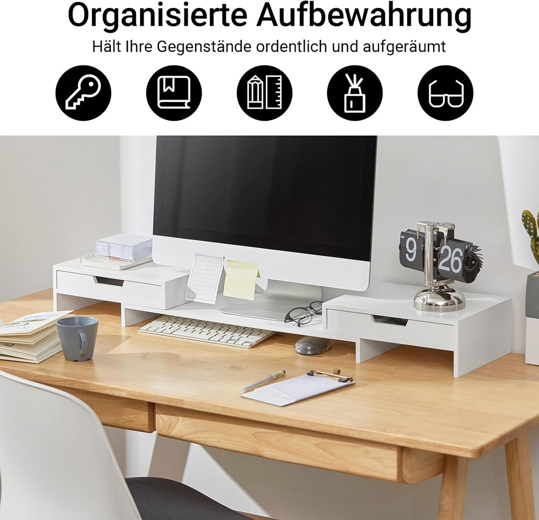 SoBuy Breitenverstellbarer Monitorständer mit 2 Schubladen, Schreibtisch Organizer, Bildschirmstände