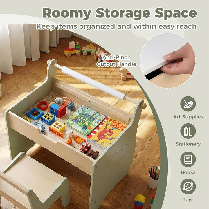 FANTASK 4 in 1 Holz Kindertisch mit Stuhl, wendbare & abnehmbare Tischplatte, Maltisch mit Stauraum