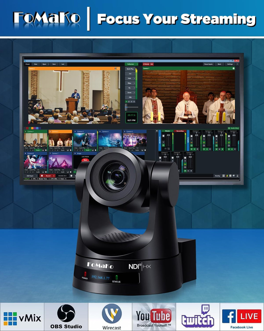 FoMaKo 20x NDI PTZ Kamera mit 3G-SDI/HDMI/IP, 20x optischer Zoom, FHD 1080P 60 IP Live Streaming PTZ