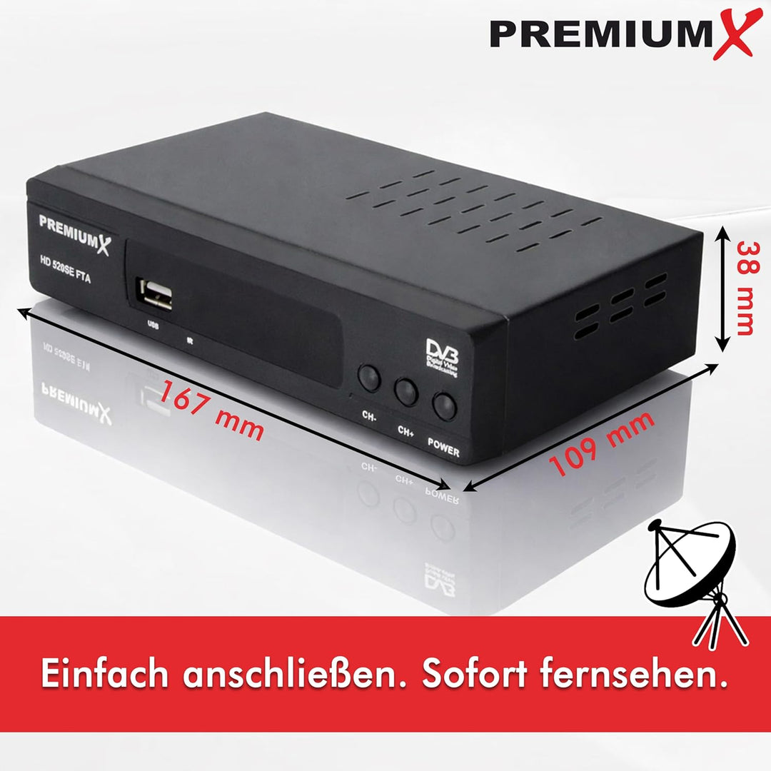 PremiumX Satelliten-Receiver HD 520SE FTA Digital SAT TV Receiver DVB-S2 FullHD HDMI SCART 2X USB Mu