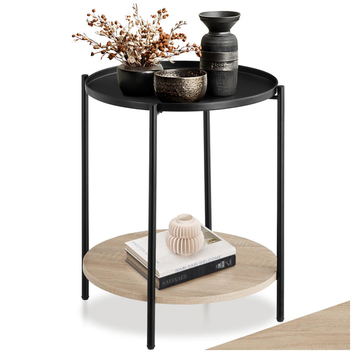 tectake® Beistelltisch rund, Nachttisch Metall und Holz, Couchtisch rund mit Stauraum auf 2 Ebenen,
