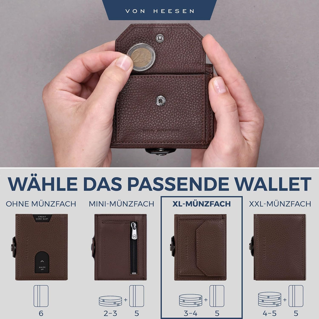VON HEESEN Slim Wallet mit XL Münzfach &amp; RFID-Schutz - Leder Geldbeutel - Mini Geldbörse für Herren