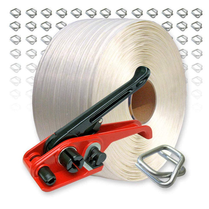 Textil Umreifungsset 19 mm, 600 m Umreifungsband, 150 Metallklemmen, Bandspanner bis 19 mm