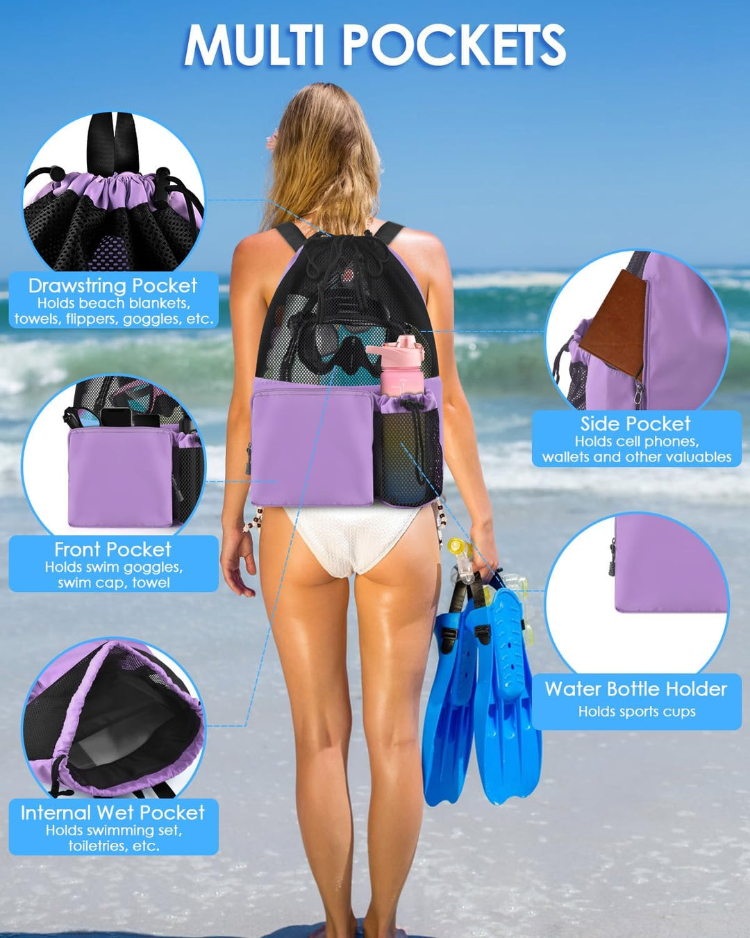BROTOU Schwimmen Tasche, Schwimmtasche Mesh-Rucksack mit Kordelzug, Strandrucksack Turnbeutel Sportb