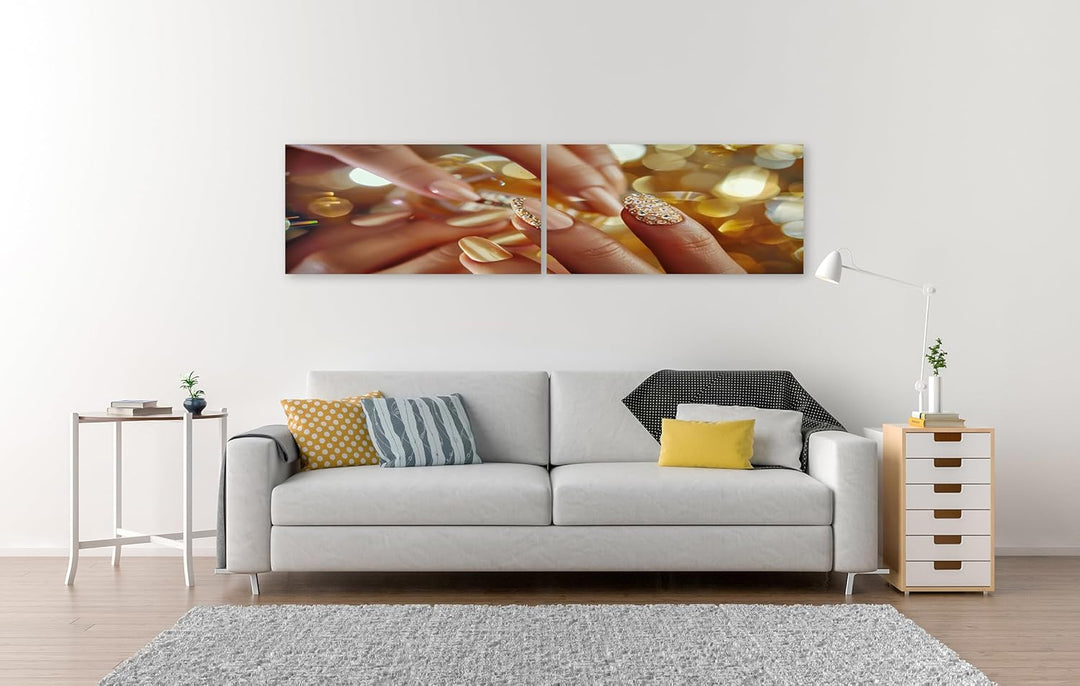 islandburner Prime Bild auf Leinwand Goldene Nagelkunst im Urlaubsstil mit Heller Maniküre, funkelnd