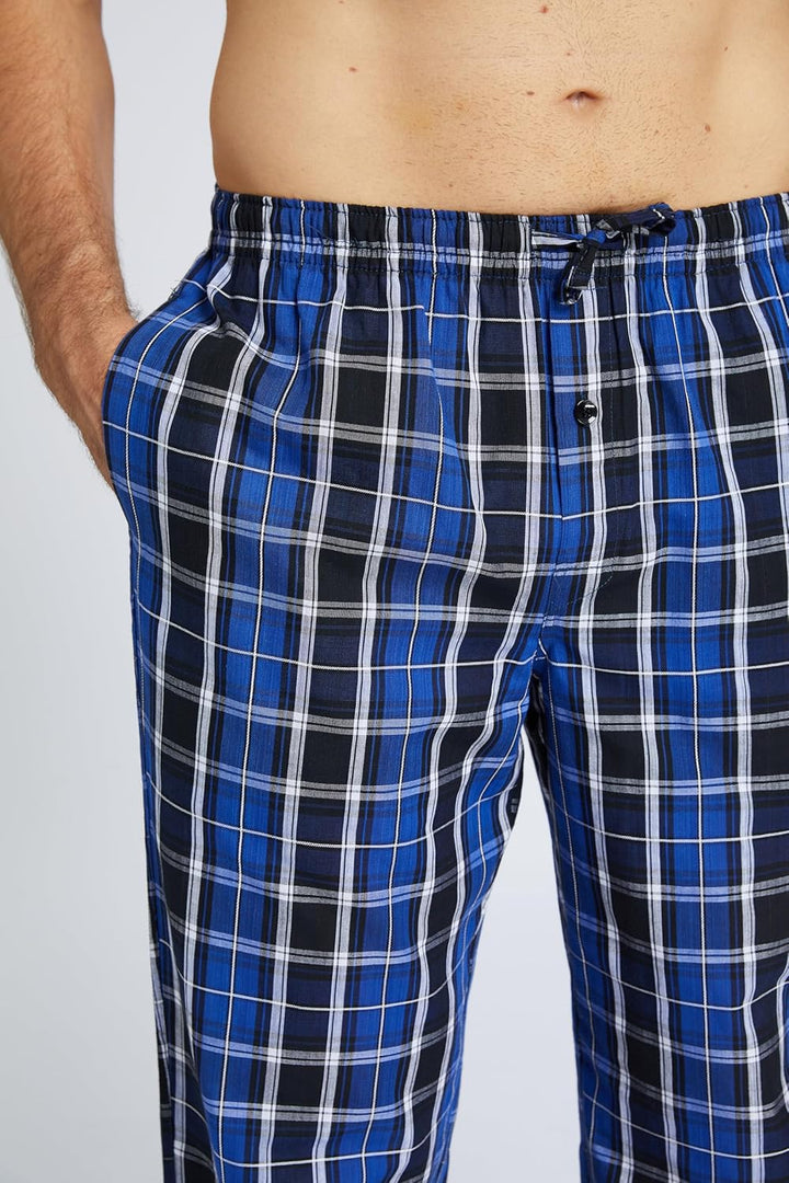 Herren 100% Baumwolle Pyjamahose, Gewebte kariert Schlafhose Loungewear Pyjama Hose mit Taschen, Bla