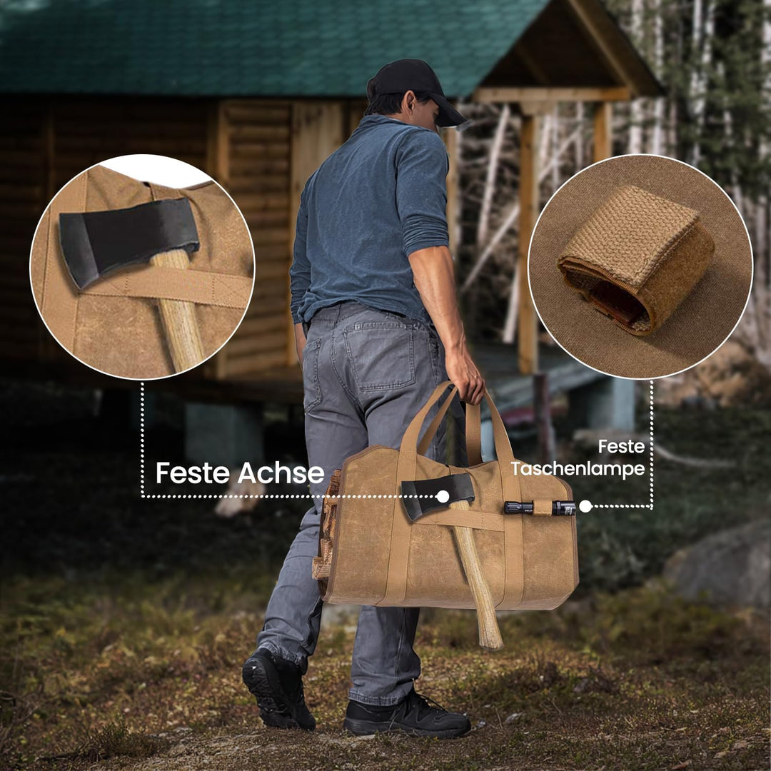 Camping Feuerholz Tragetasche - Tragbares Schwerlast Haltertragtasche aus Gewachstem Canvas, Faltbar