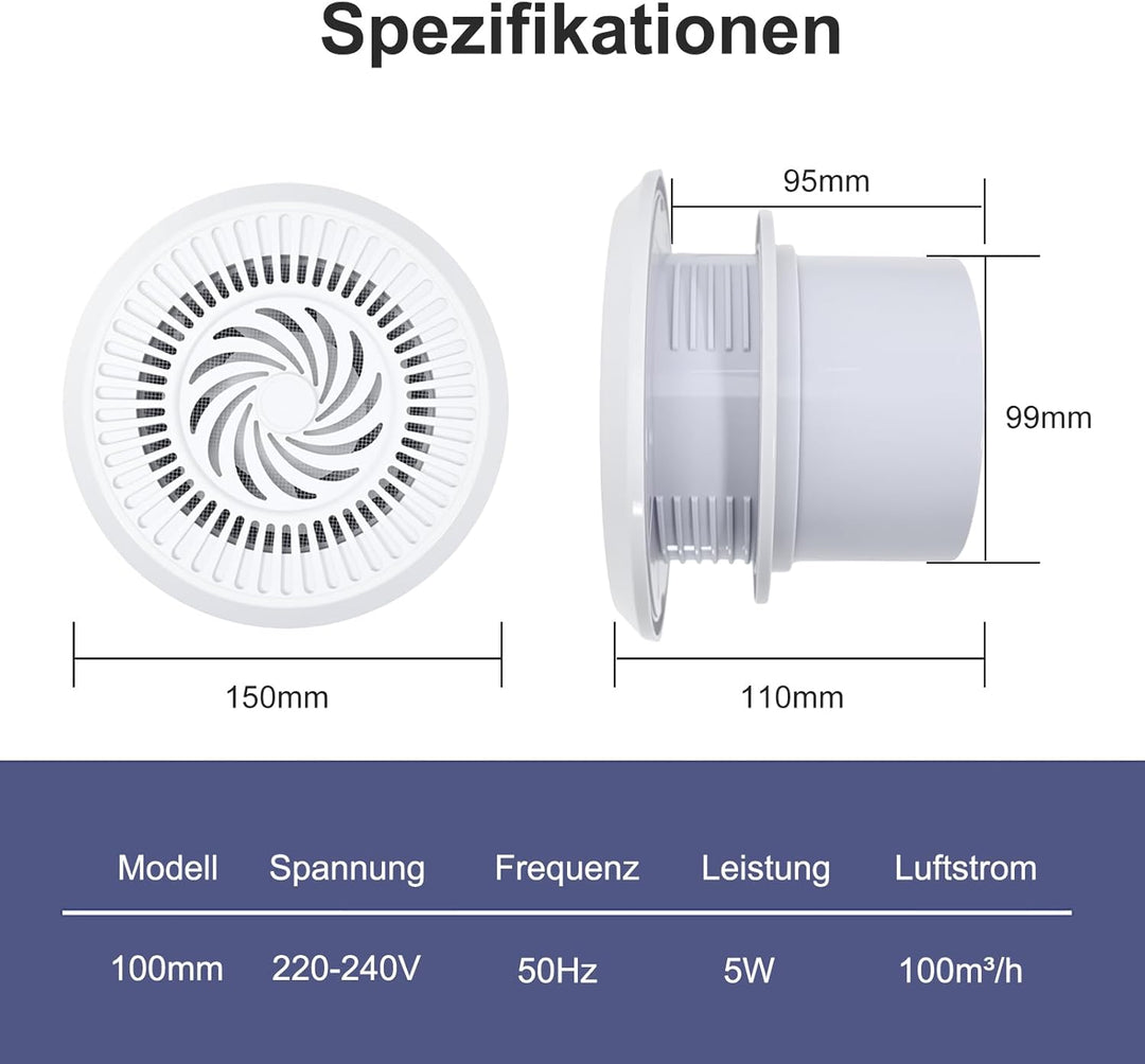 100mm Abluftventilator 100m³/h 5W Badlüfter, Zwei-Wege-Umkehrventilator mit 3 Geschwindigkeiten eins