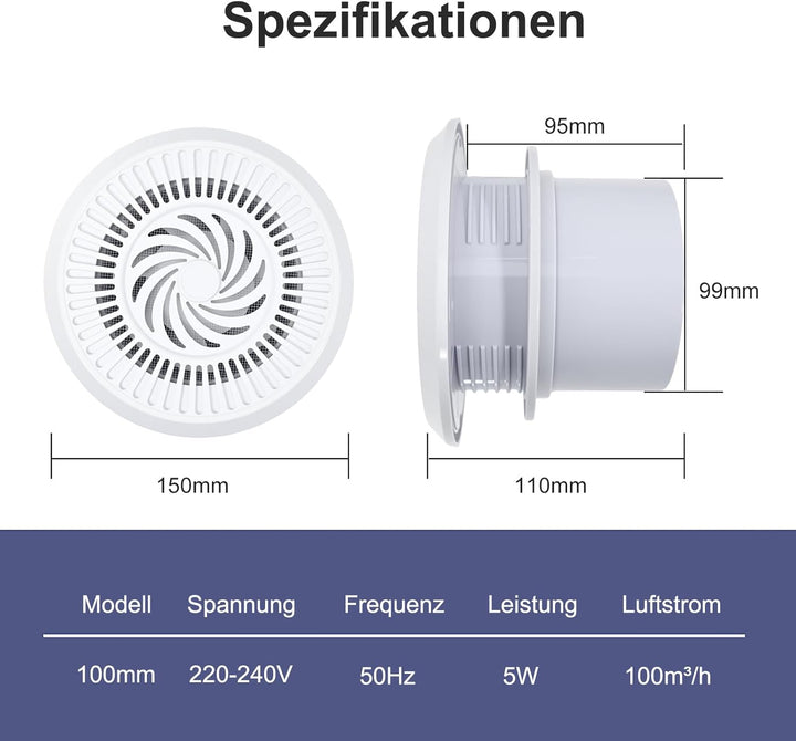 100mm Abluftventilator 100m³/h 5W Badlüfter, Zwei-Wege-Umkehrventilator mit 3 Geschwindigkeiten eins