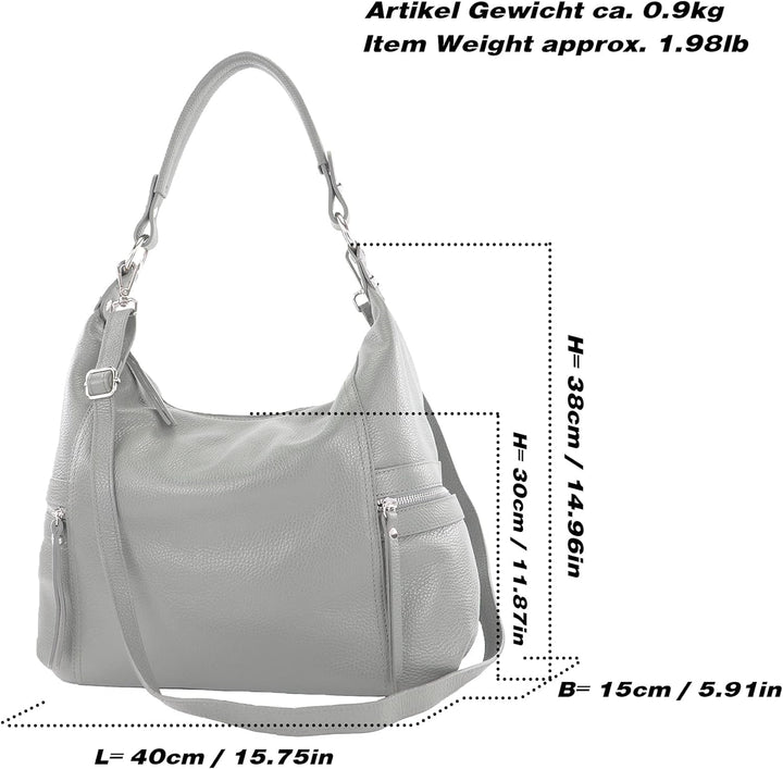 modamoda de - T229 - ital Schultertasche Shopper aus Leder Schwarz, Schwarz