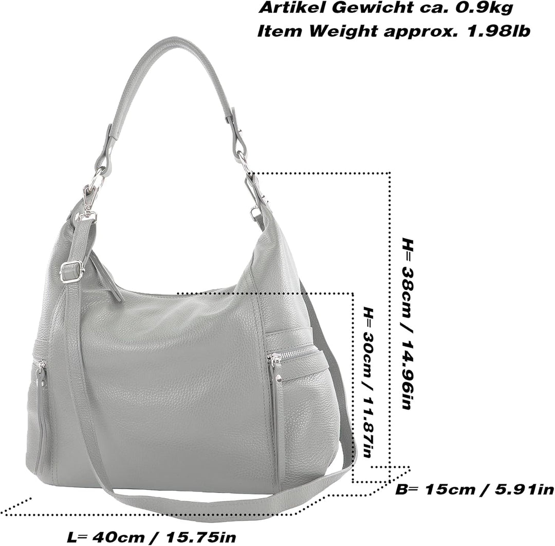 modamoda de - T229 - ital Schultertasche Shopper aus Leder Beige, Beige