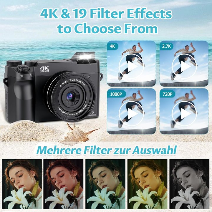 4K 75MP Digitalkamera mit WLAN, 3 Zoll LCD-Bildschirm Fotokamera mit 18X Zoom, Front und Rückobjekti