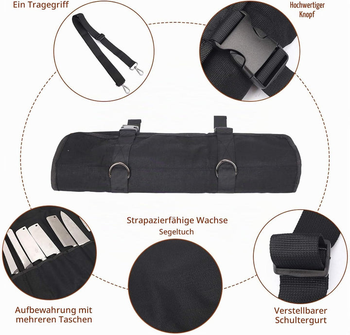 QEES Kochmesser Rolltasche 11 Slots, Messertasche für Camping, Wandern, Multifunktions-Werkzeugrollt