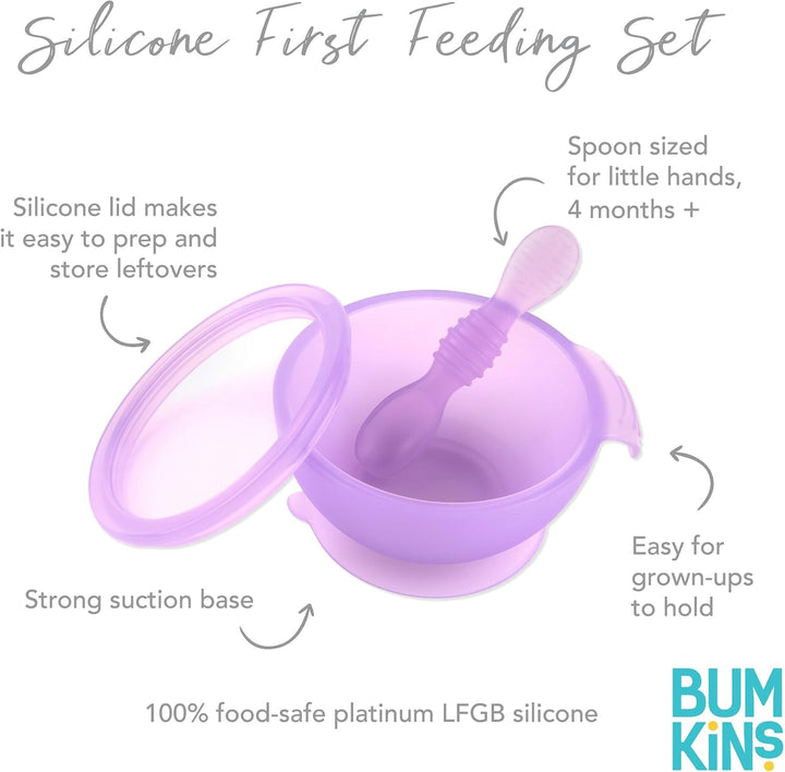 Bumkins - Erstes Baby Fütterungsset aus Silikon mit Saugnapf, Deckel und Löffel, Violet Jelly Jelly