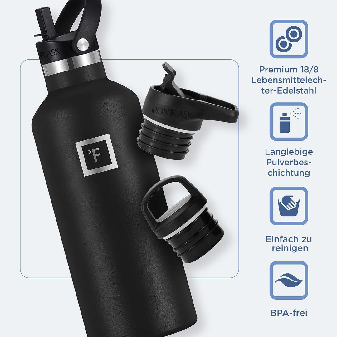 IRON °FLASK Edelstahl Trinkflasche mit 3 Deckel - Auslaufsicher Thermosflasche - Metall Wasserflasch