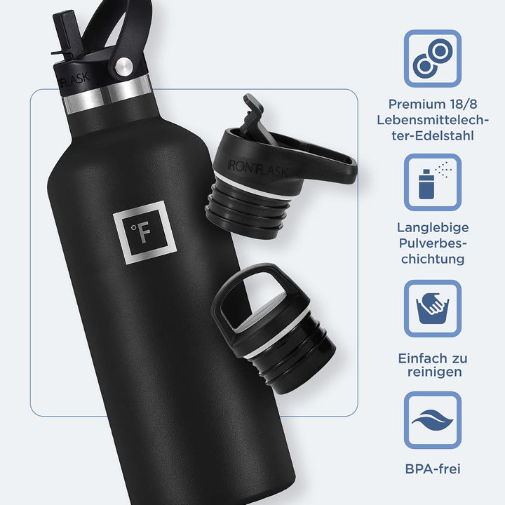 IRON °FLASK Edelstahl Trinkflasche mit 3 Deckel - Auslaufsicher Thermosflasche - Metall Wasserflasch