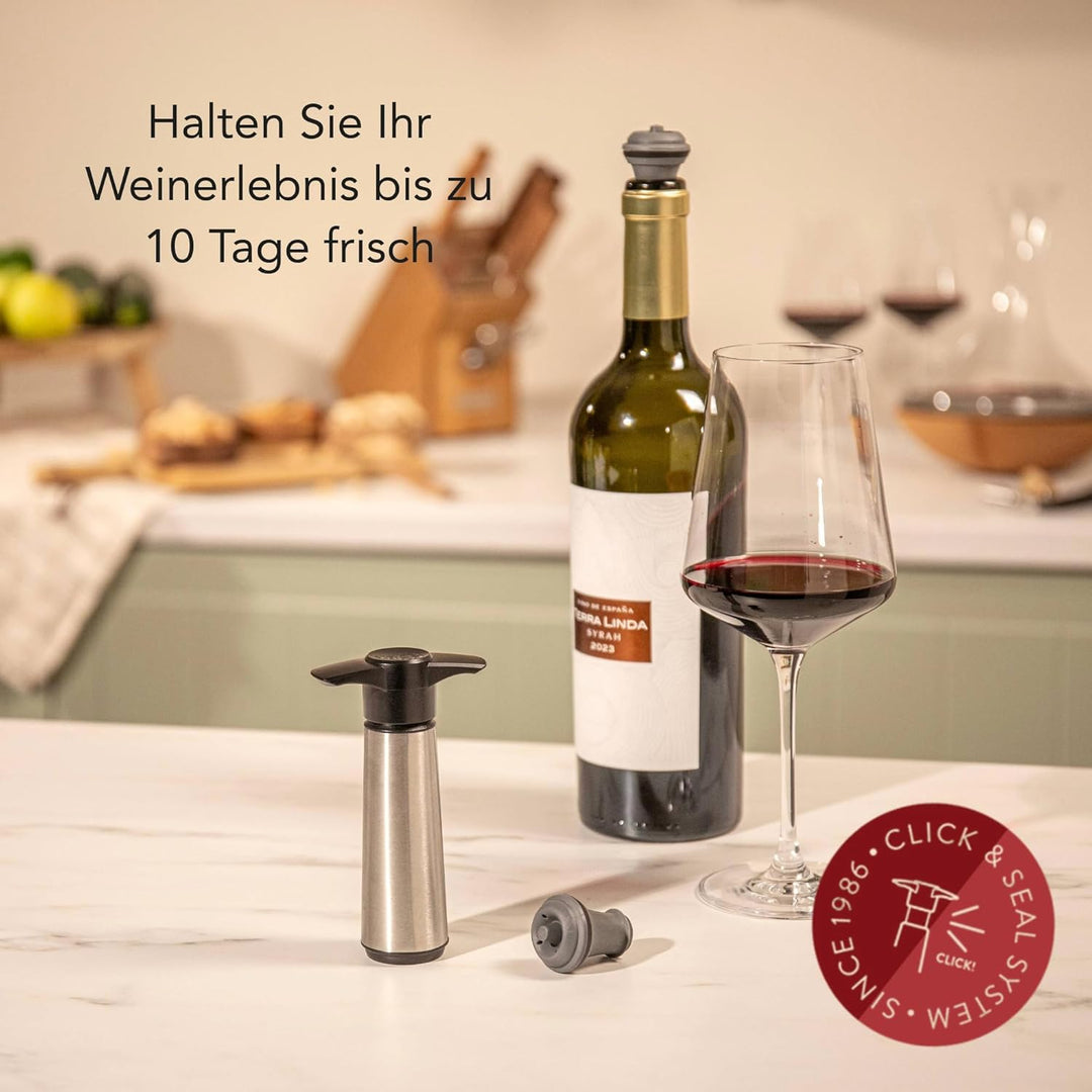 Vacu Vin Weinpumpe Edelstahl mit 2 Vakuumstopfen – Premium Wein Konservierer – Handpumpe zur Luftent