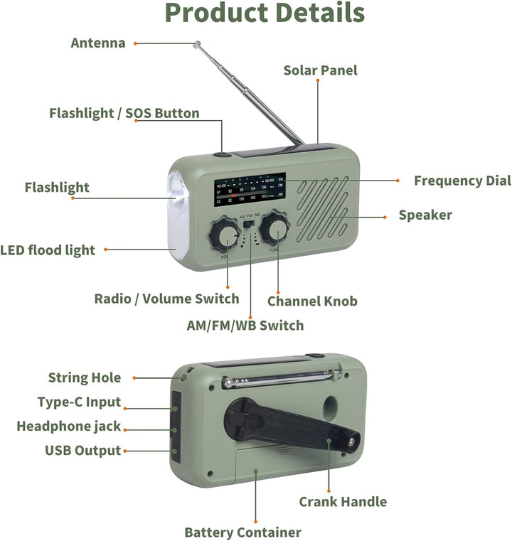 BOROCO Notfall-Solarradio, Selbstbetriebenes Kurbelradio mit LED-Taschenlampe, SOS-Alarm,AM/FM Wette
