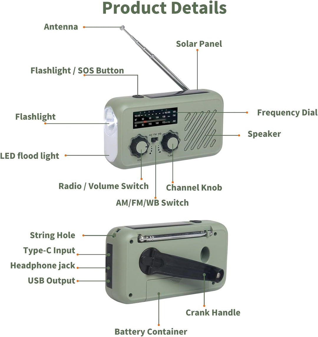 Notfall-Radio, Solar-Handkurbel-Radio AM FM USB wiederaufladbare Power Bank Notfall-Wetter-Radios fü